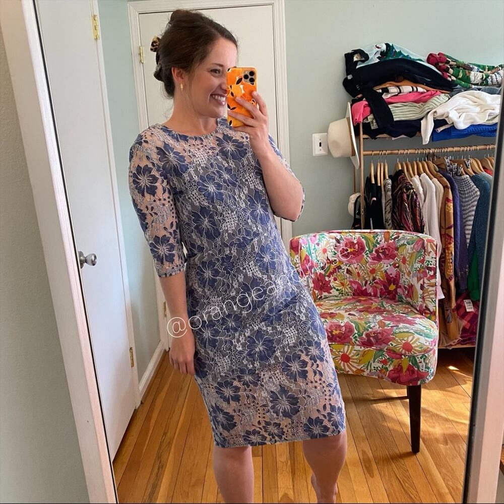 NWT VONE Antropologie Blue White Floral Lace Mini Dress Small - Picture 11 of 14